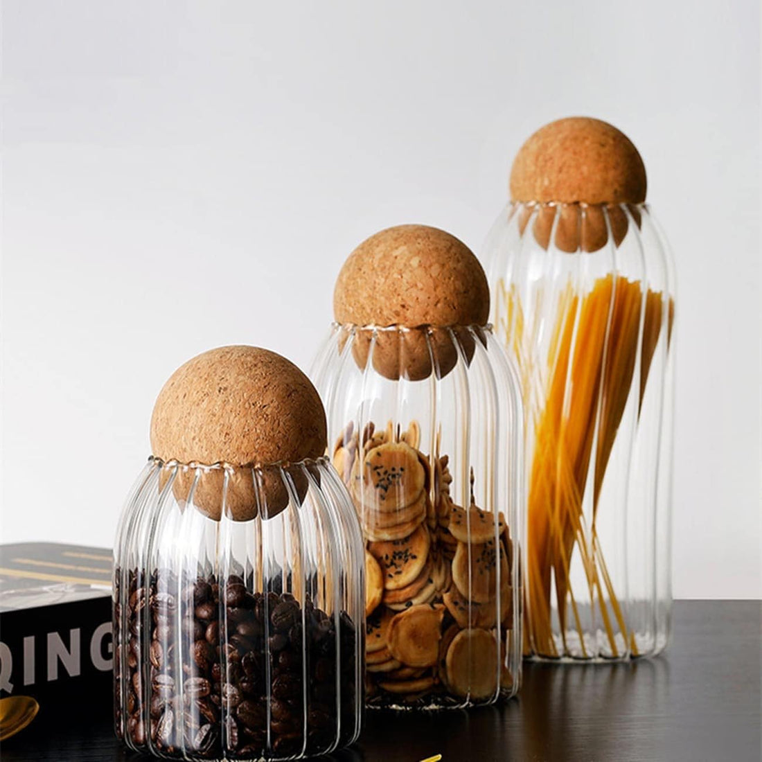 Round Cork Striped Glass Jar Set